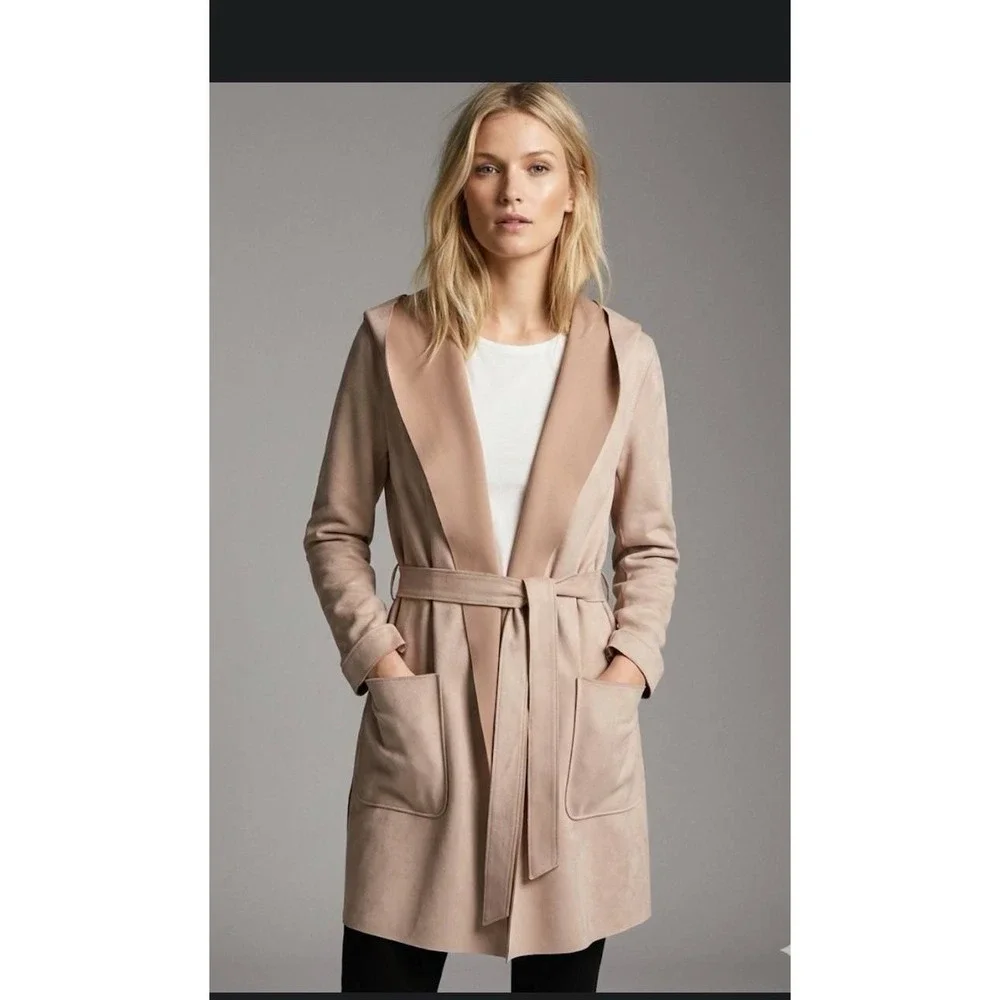 Zara Coat Women's‎ Faux Suede Trench Cream Beige Belted Mid Length Hooded Sz S